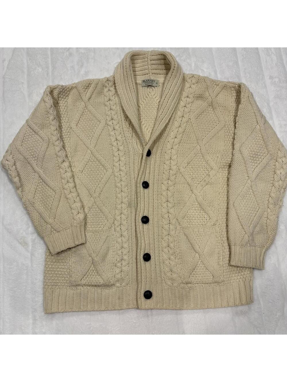 Blarney Woollen Mills Wool Cable Knit Cardigan Men's XL 100% Merino Wool Creamy